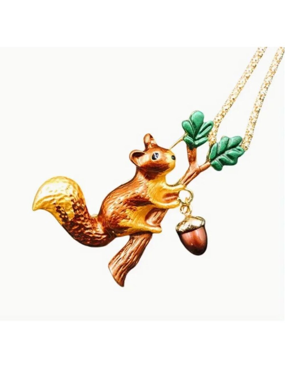 Betsey Johnson Necklace Brown Enamel Squirrel Brooch Gold Tone